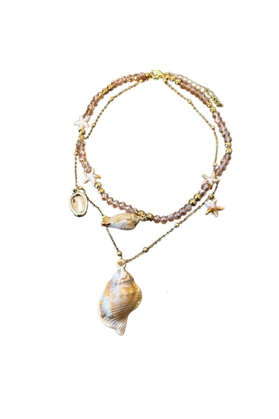 Trendy Two Strand Shell Drop Necklace Bohemian Chic Beaded Chain Accessory