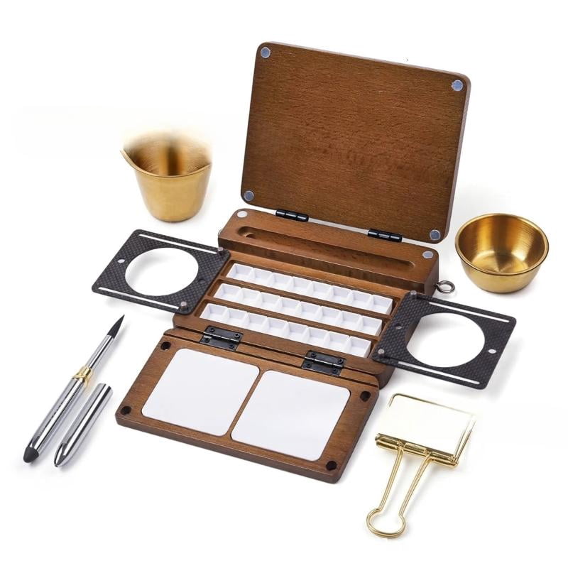 CEORPER Watercolor Paint Tray 24 Well Foldable Magnetic Wooden Palette For Outdoor