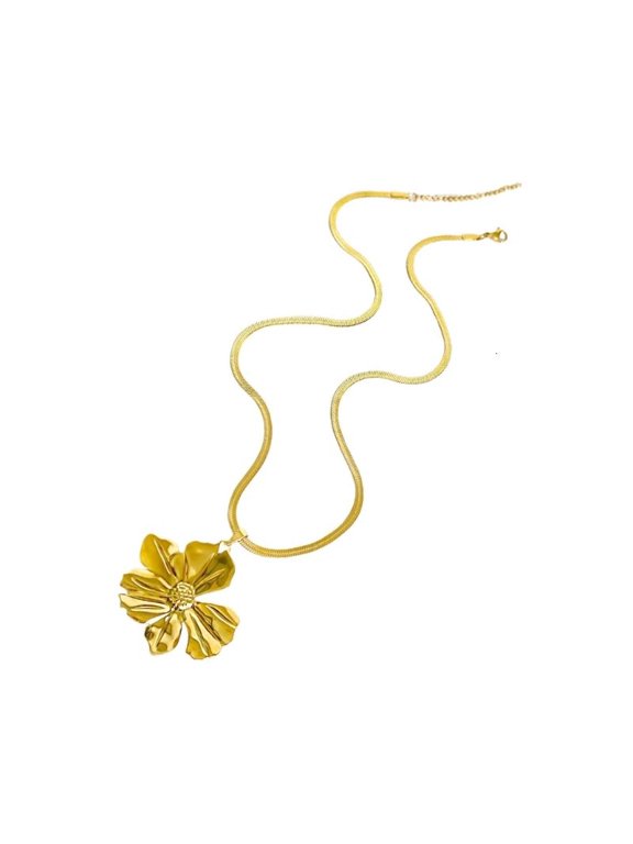 Women's Gold Plated Flat Snake Chain Necklace Featuring Large Flower Designs