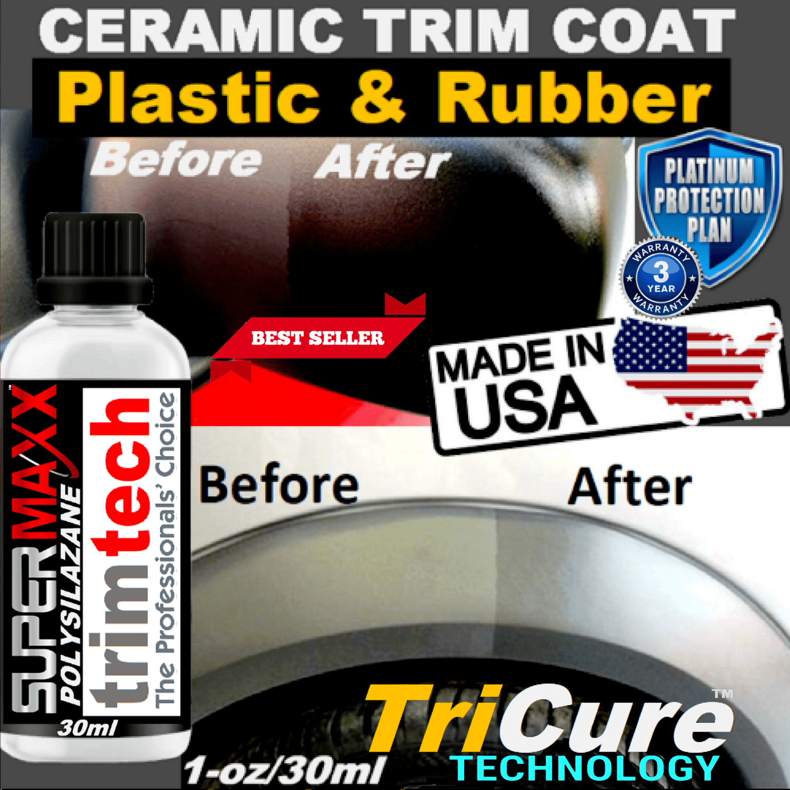 CERAMIC CAR COATING TRIM COAT "PLASTIC & RUBBER" RESTORER 3 YEAR
