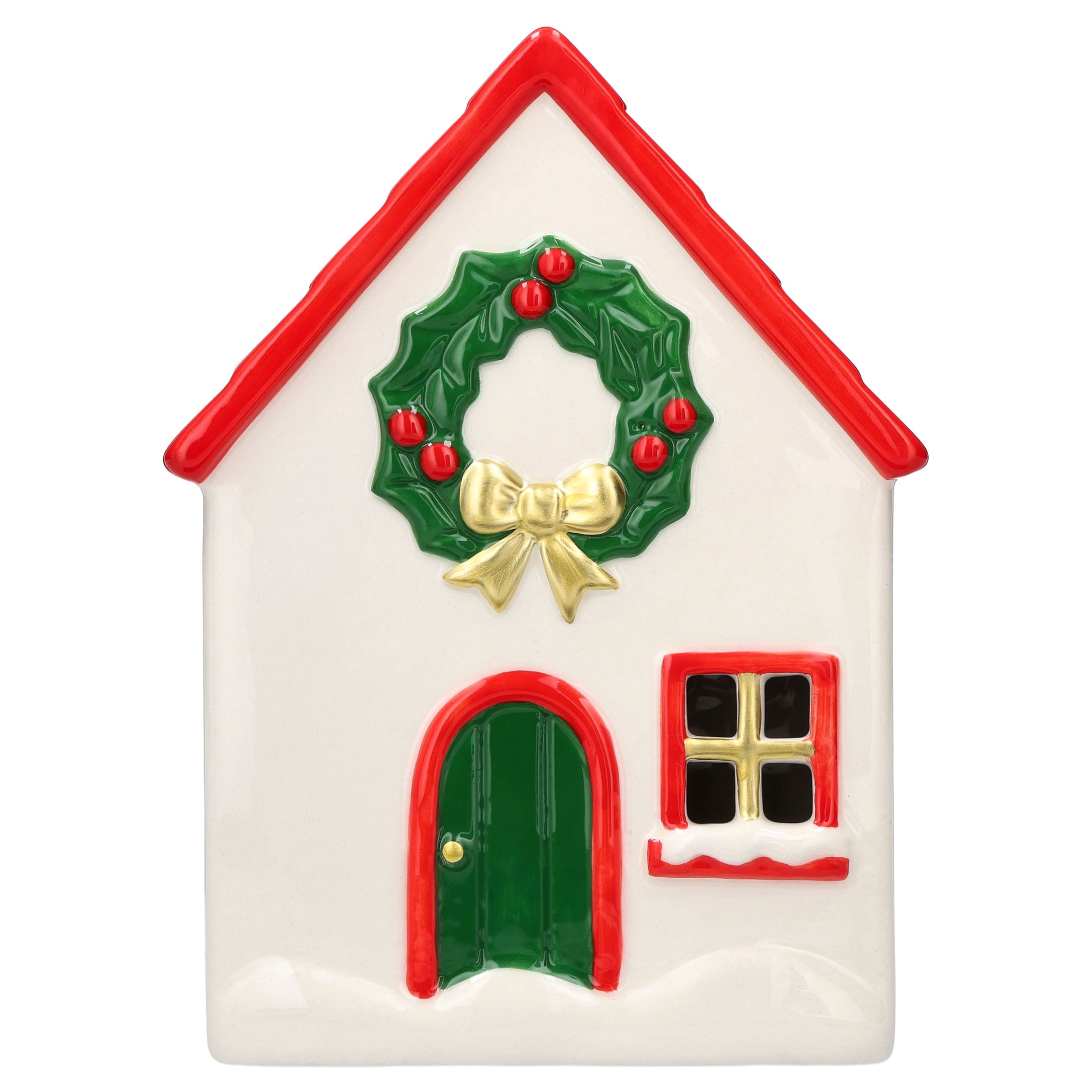 Ceramic House with Wreath Christmas Decoration, Red/White/Green, 8", by Holiday Time