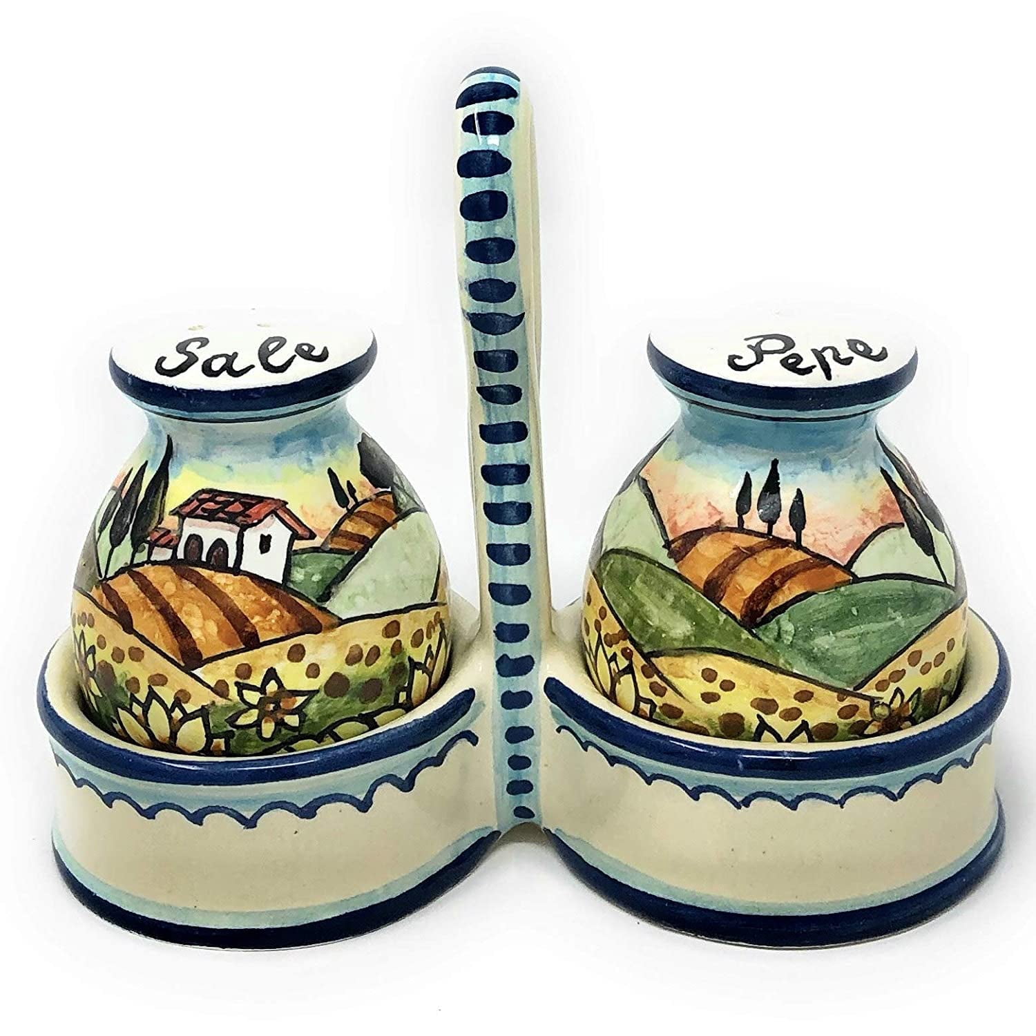 CERAMICHE D'ARTE PARRINI Italian Ceramic Salt & Pepper Shakers - Hand-Painted Sunflower Tuscan Landscape, Made In Italy
