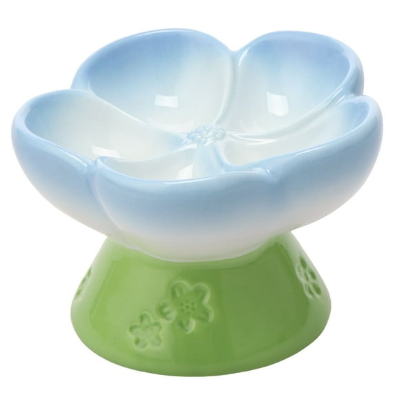 CERAMICS Raised Slow Feeder Cat Bowl, Ceramic Elevated and Titled Glass Food Bowl Small Dogs Slow Feeder, Flower Shaped Cute Cat Dish for Dry and Wet Food (Blue, 5.5")