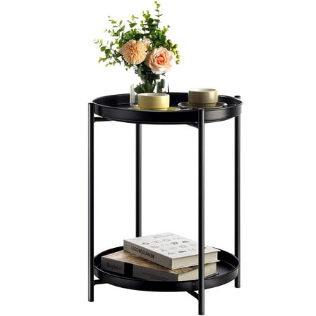 CERBIOR 2 Tier End Small Side Table , Metal Sofa Side Snack Table with Detachable Tray, Scandi Style Table for Living Room Bedroom (Black)