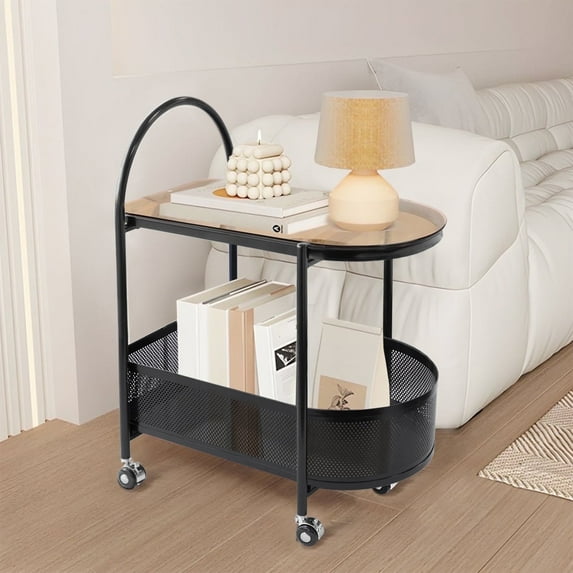 CERBIOR 2 Tier Rolling Side Table, Metal Coffee Sofa Side End Table,Handle Utility Cart, Bed Side Table with Wheels Night Stand, Serving Cart,Drink Cart, for Living Room, Bedroom, Bathroom,BLACK