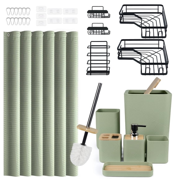 CERBIOR 32- Pcs Bamboo Bathroom Accessories Sets with Shower Curtain & Caddy, Irregular Stripe Bathroom Decor Vanity Countertop Set (Green)