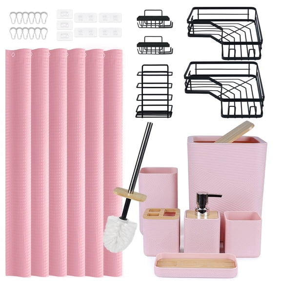 CERBIOR 32- Pcs Bamboo Bathroom Accessories Sets with Shower Curtain & Caddy, Irregular Stripe Bathroom Decor Vanity Countertop Set (Pink)