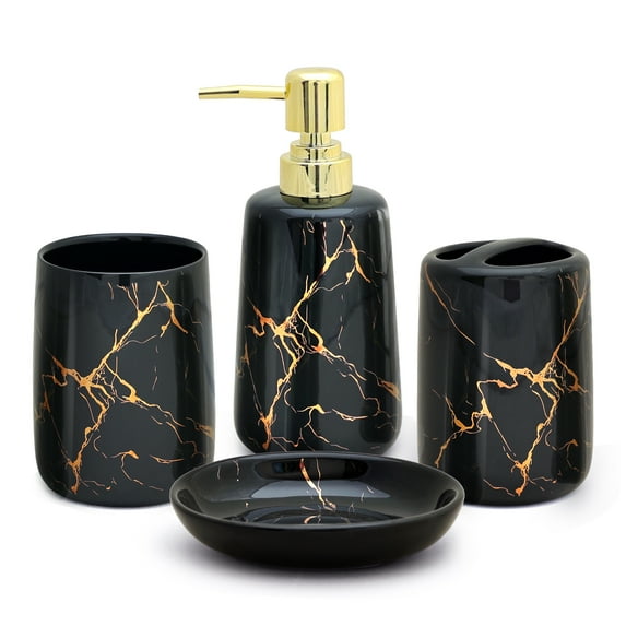 CERBIOR 4 Piece Black Marble-Pattern Ceramic Bathroom Accessories Set, Includes Soap Dish, Hand Soap Dispenser, Toothbrush Holder, and Water Cup