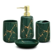 CERBIOR 4 Piece Black Marble-Pattern Ceramic Bathroom Accessories Set, Includes Soap Dish, Hand Soap Dispenser, Toothbrush Holder, and Water Cup