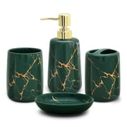 CERBIOR 4 Piece Christmas Green Marble-Pattern Ceramic Bathroom Accessories Set, Includes Soap Dish, Hand Soap Dispenser, Toothbrush Holder, and Water Cup
