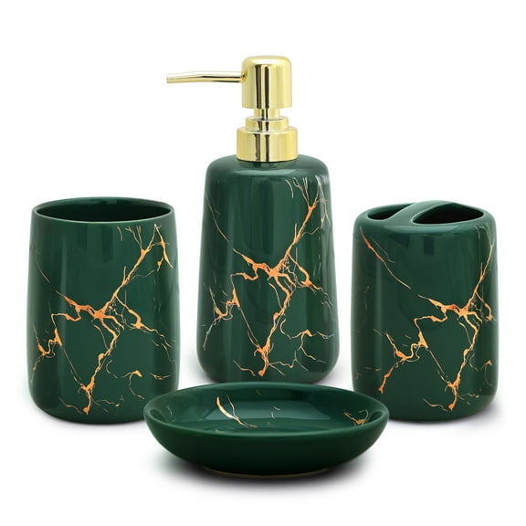 CERBIOR 4 Piece Christmas Green Marble-Pattern Ceramic Bathroom Accessories Set, Includes Soap Dish, Hand Soap Dispenser, Toothbrush Holder, and Water Cup