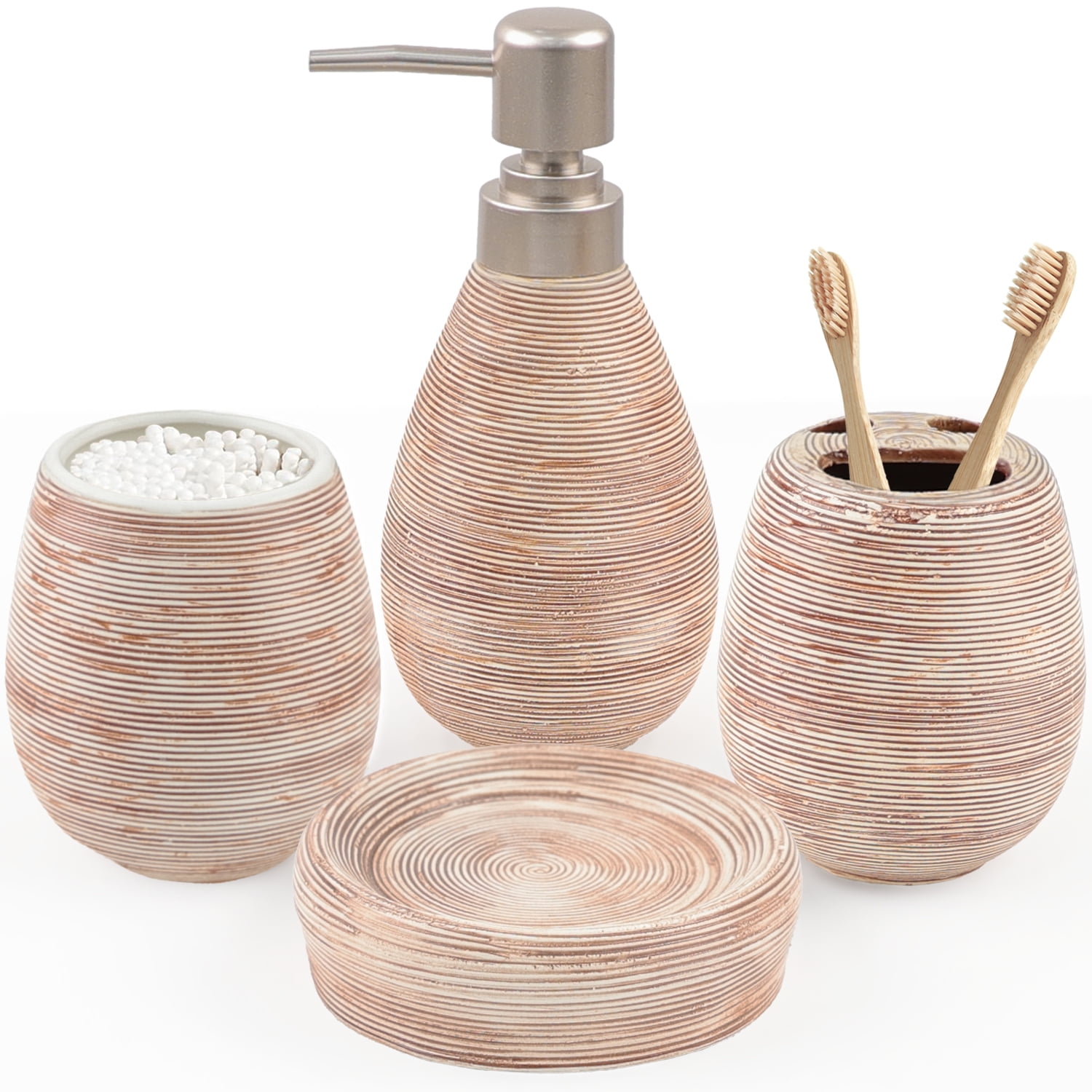 CERBIOR 4 Piece Textured Ceramic Brown Bathroom Accessory Set Includes ...