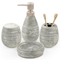 CERBIOR 4 Piece Textured Ceramic Grey Bathroom Accessory Set Includes Soap Dish, Dispenser, Toothbrush Holder and Tumbler (Grey)