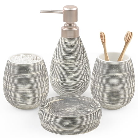 CERBIOR 4 Piece Textured Ceramic Grey Bathroom Accessory Set Includes Soap Dish, Dispenser, Toothbrush Holder and Tumbler (Grey)