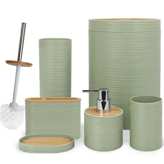 CERBIOR 6 Pcs Bamboo Bathroom Accessories Sets Irregular Stripe Design Complete Set Bathroom Decor Vanity Countertop Accessory Set, Green