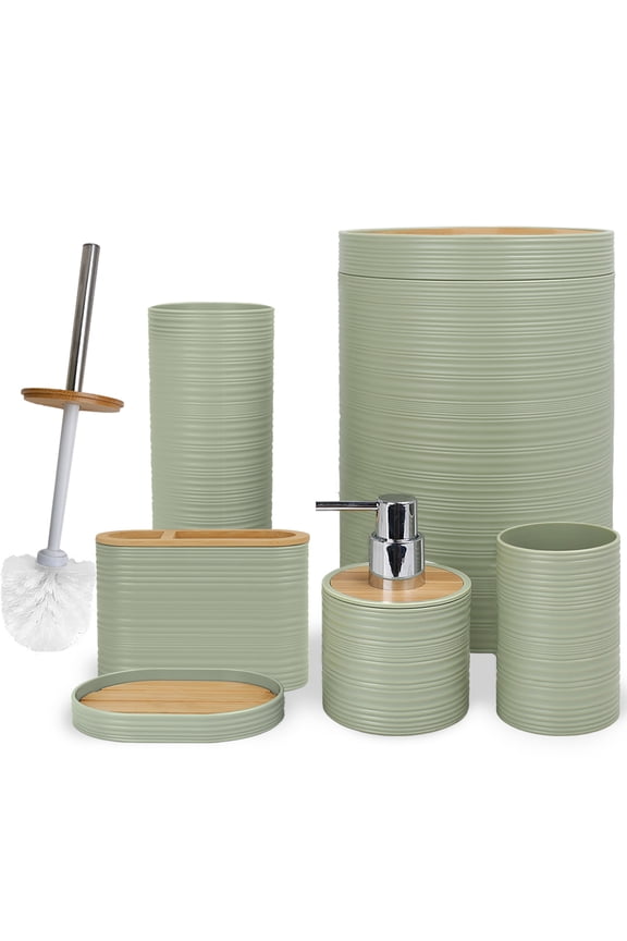 6 Pcs Bamboo Bathroom Accessories Sets Irregular Stripe Design Complete Set Bathroom Decor Vanity Countertop Accessory Set, Green
