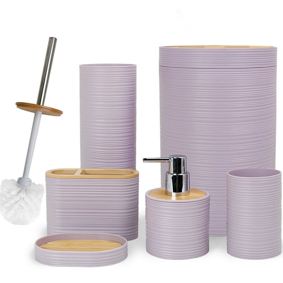 CERBIOR 6 Pcs Bamboo Bathroom Accessories Sets Irregular Stripe Design Complete Set Bathroom Decor Vanity Countertop Accessory Set, Purple