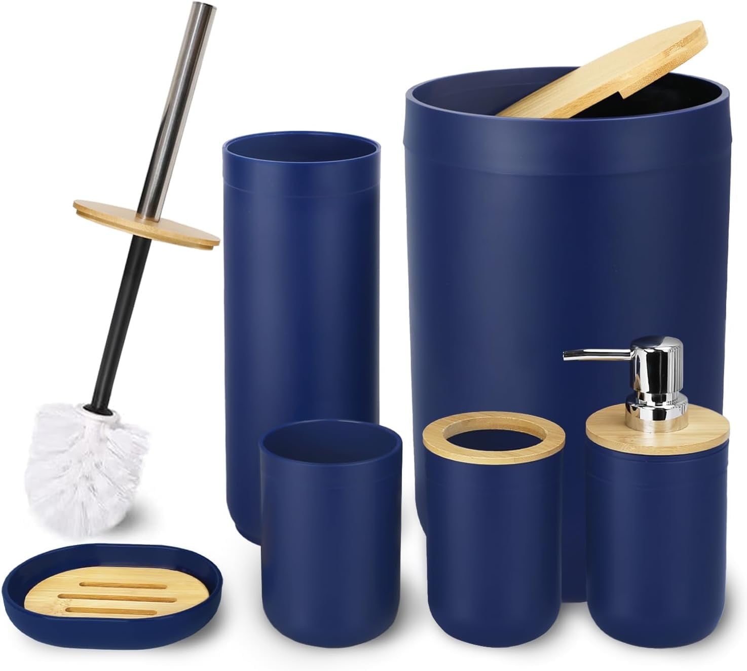 CERBIOR 7 PCS Bamboo Bathroom Accessories Sets with Trash Can, Soap Dispenser, Soap Dish, Toothbrush Holder, Toothbrush Cup, Toilet Brush and Qtip Holders,Navy Blue