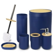 CERBIOR 7 PCS Bamboo Bathroom Accessories Sets with Trash Can, Soap Dispenser, Soap Dish, Toothbrush Holder, Toothbrush Cup, Toilet Brush and Qtip Holders,Navy Blue