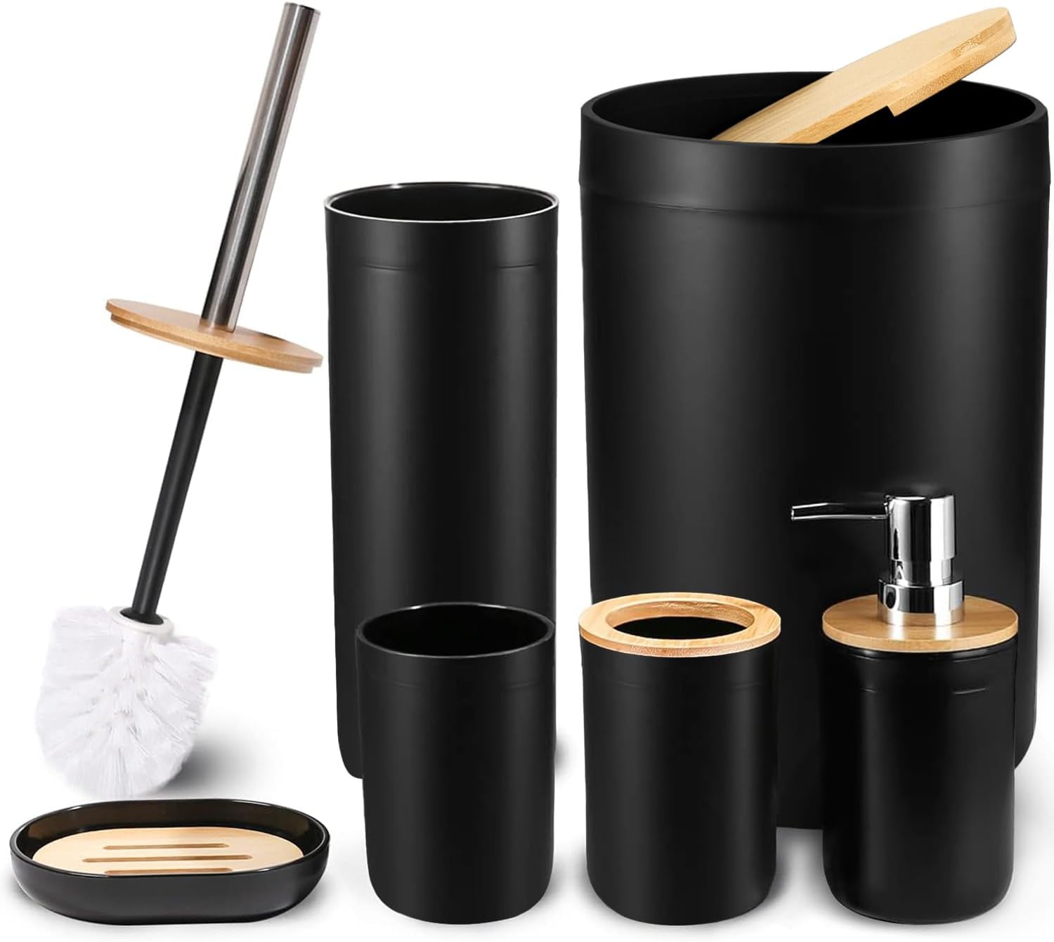 CERBIOR 7 Pieces Bamboo Bathroom Accessories Sets, Bath Set- Soap Dish Toothbrush Holder Rinse Cup Lotion Bottle Trash Can Toilet Brush - Practical Toilet Kit for Home Washing Room，Black