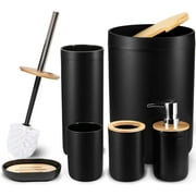 CERBIOR 7 Pieces Bamboo Bathroom Accessories Sets, Bath Set- Soap Dish Toothbrush Holder Rinse Cup Lotion Bottle Trash Can Toilet Brush - Practical Toilet Kit for Home Washing Room，Black