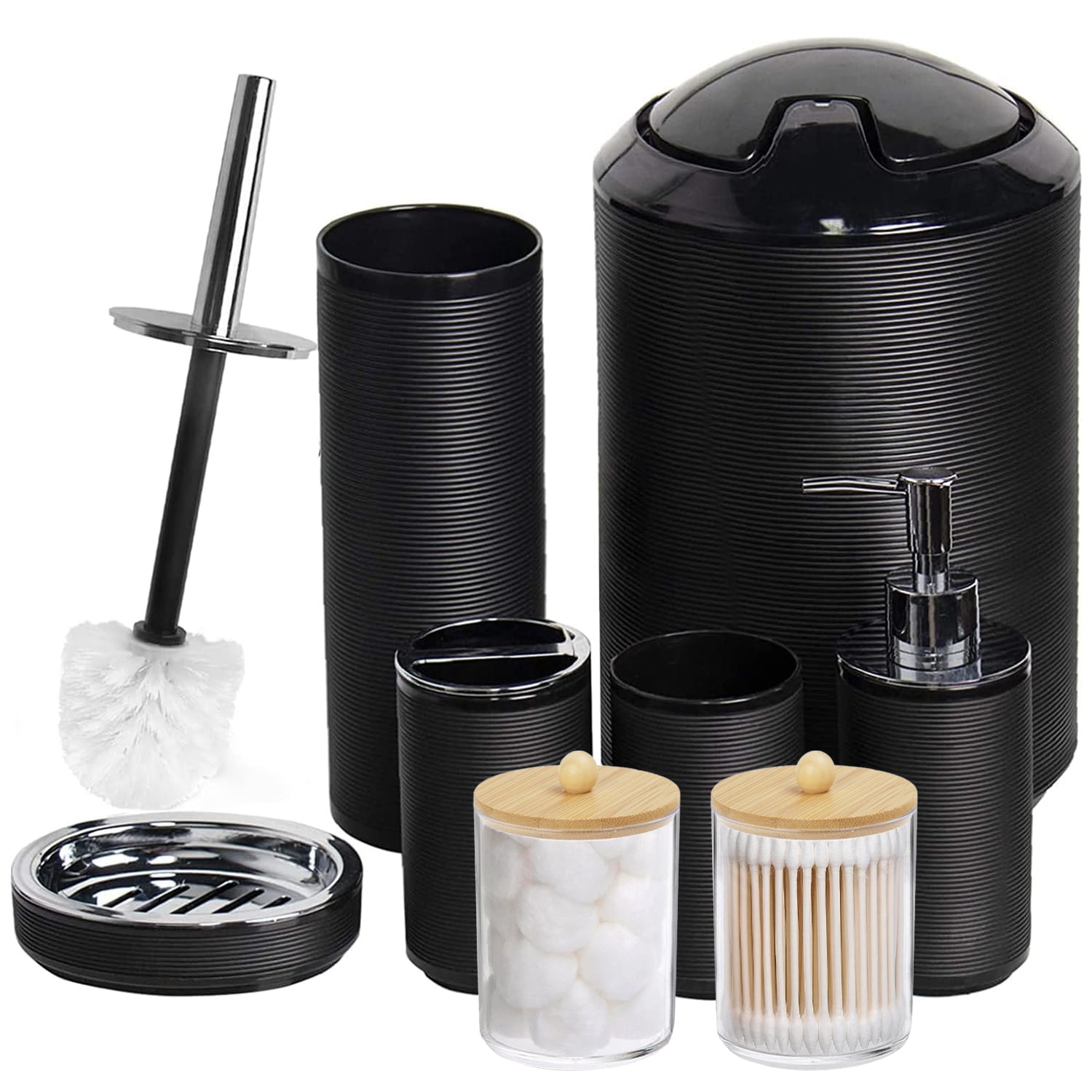 MIERTING Black Bathroom Accessories Set 5 Pcs, Matte Black Bathroom  Accessories, Plastic Soap Dispenser and Toothbrush Holder Set, Qtip &  Cotton Ball