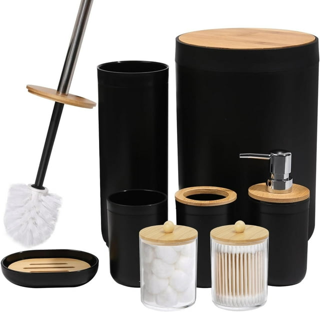 CERBIOR 9 PCS Bamboo Bathroom Accessories Sets with Trash Can, Soap ...