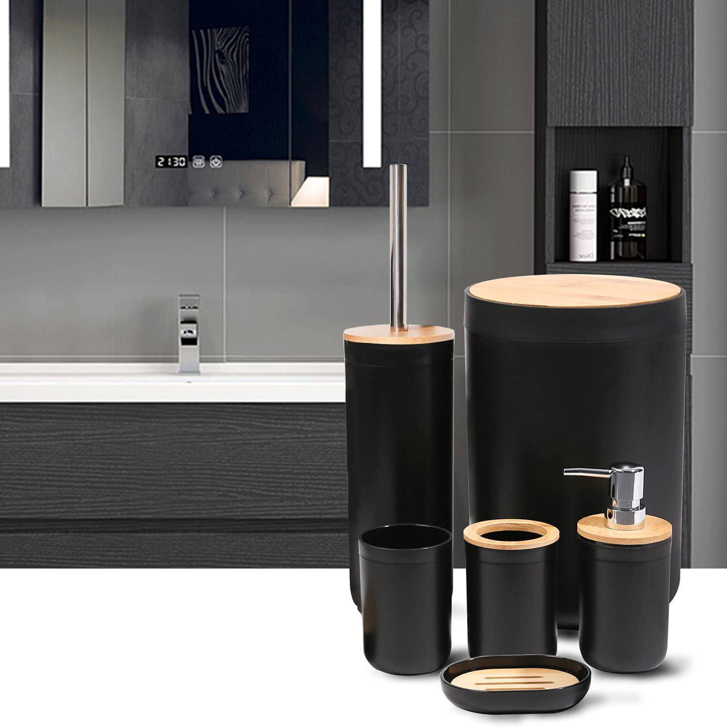 CERBIOR Bamboo Bathroom Accessory Set, 6 Pieces Bath Set- Soap Dish Toothbrush Holder Rinse Cup Lotion Bottle Trash Can Toilet Brush - Practical Toilet Kit for Home Washing Room, Black