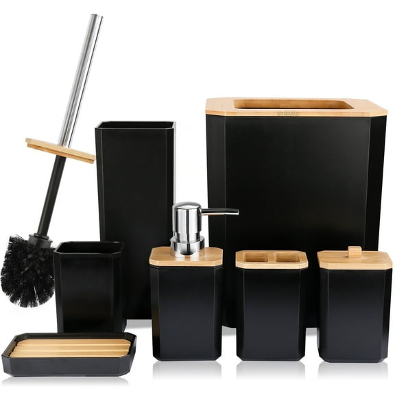 CERBIOR Bamboo Bathroom Accessory Set, 8 Pieces Bath Set- Practical Toilet Kit for Home Washing Room, Black