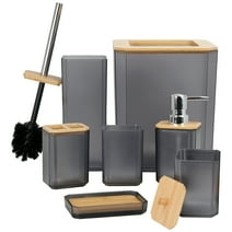 CERBIOR Bamboo Bathroom Accessory Set, 8 Pieces Bath Set- Practical Toilet Kit for Home Washing Room, Matte Black