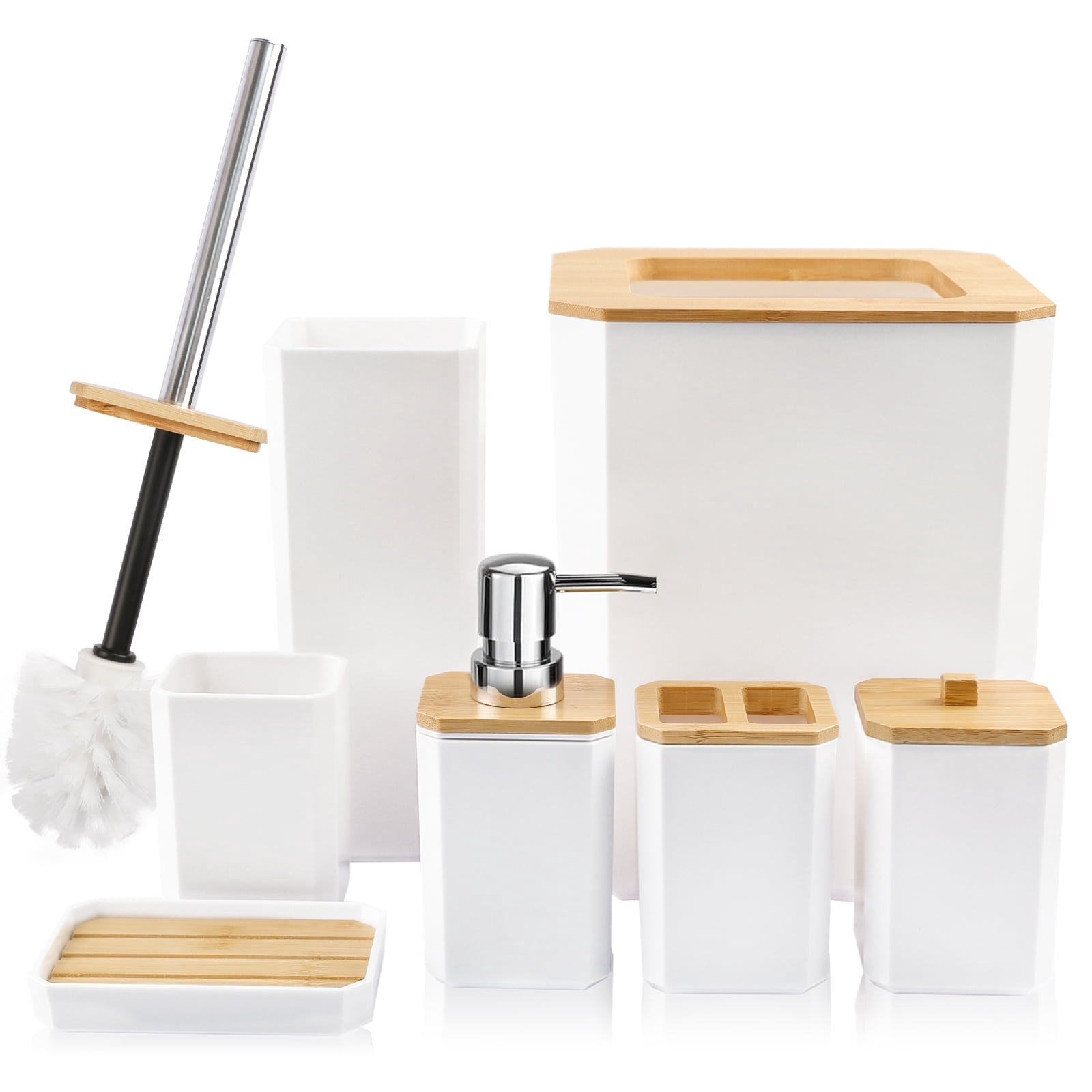 CERBIOR Bamboo Bathroom Accessory Set, 8 Pieces Bath Set- Practical Toilet Kit for Home Washing Room, White