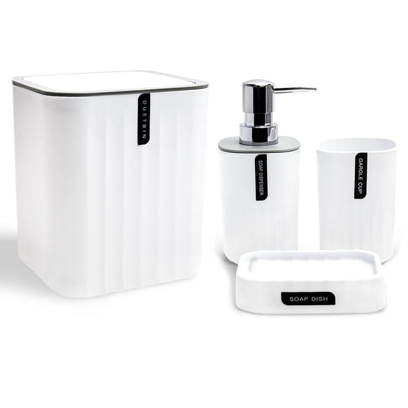 CERBIOR Bathroom 4-Piece Accessories Set, Bathroom Decor Set,Soap Dish,Soap Dispenser,Toothbrush Cup,Mini Desktop Trash Can with Lid, White