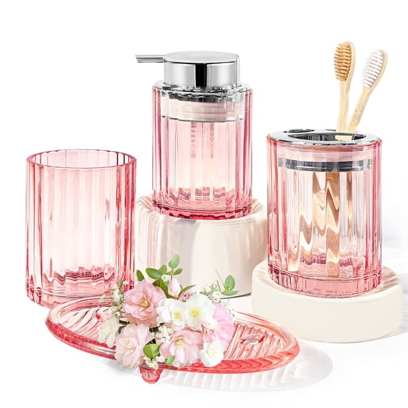 CERBIOR Bathroom Accessories Set, 4 Pcs Glass Bathroom Accessories Sets Complete w/Soap Dispenser, Soap Dish ,Toothbrush Holder,Tumbler, Bathroom Decor, Gift for Home Apartment (Silver Pink)