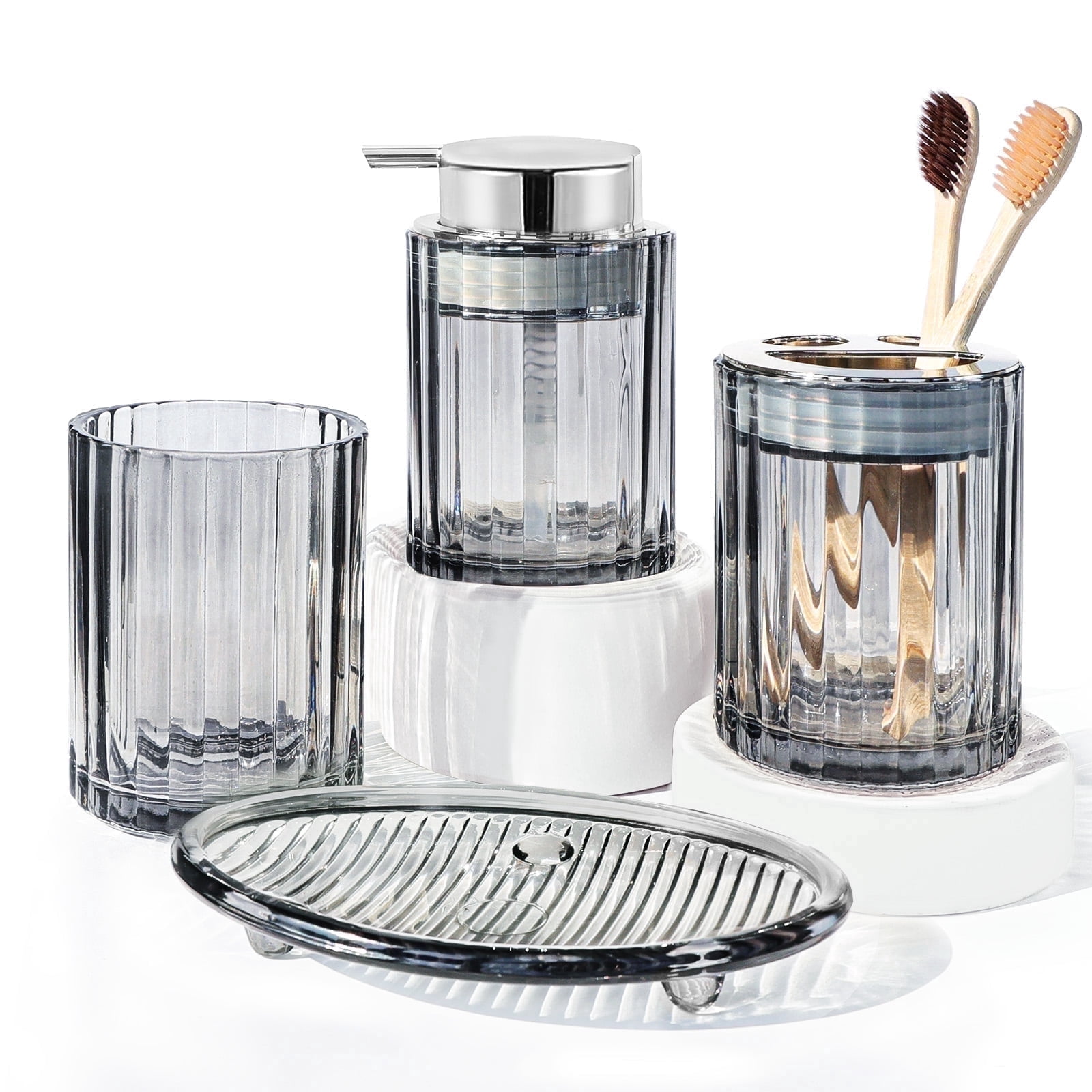 CERBIOR Bathroom Accessories Set, 4 Pcs Glass Bathroom Accessories Sets Complete w/Soap Dispenser, Soap Dish ,Toothbrush Holder,Tumbler, Bathroom Decor, Gift for Home Apartment, Silver Grey