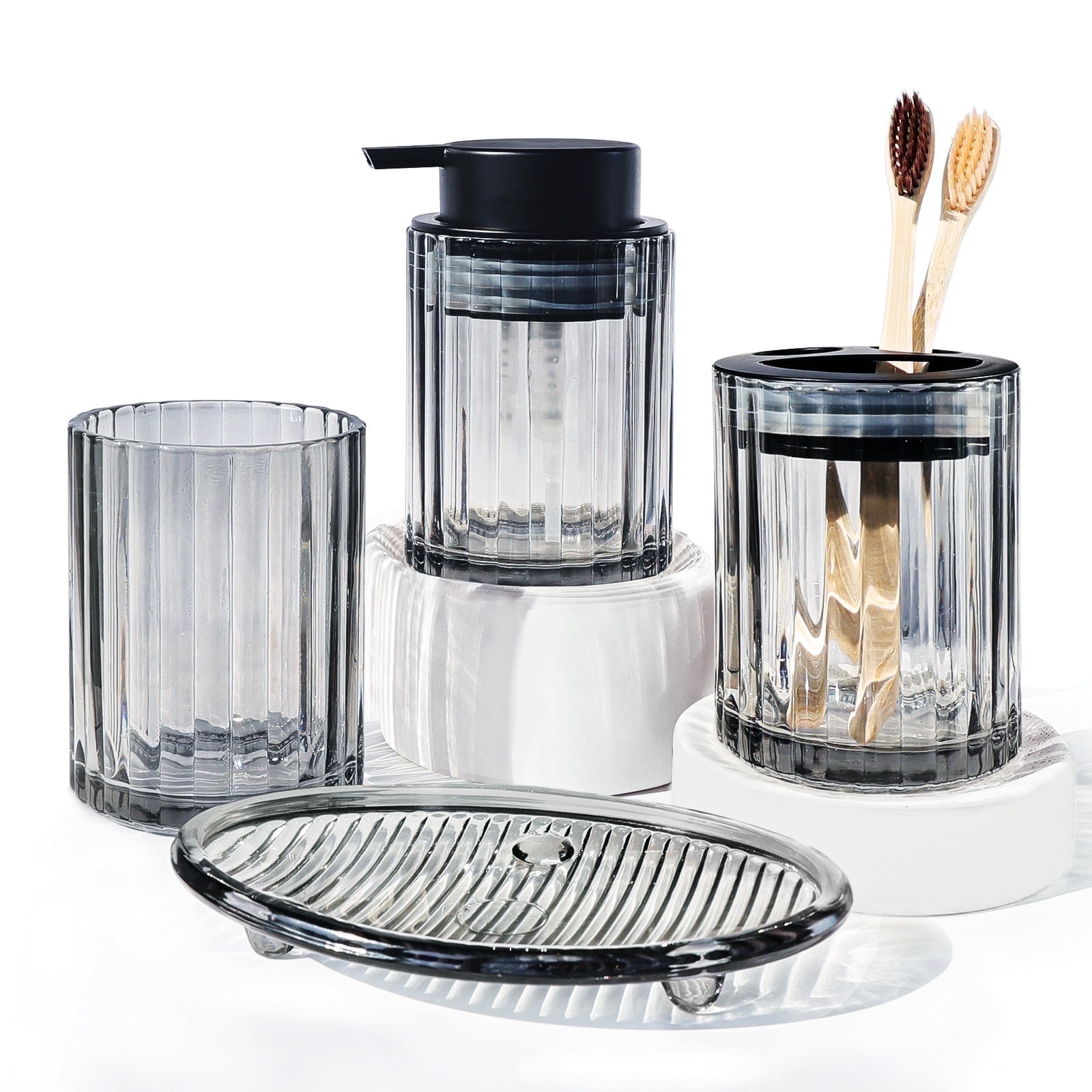 CERBIOR Bathroom Accessories Set, 4 Pcs Glass Bathroom Accessories Sets Complete w/Soap Dispenser, Soap Dish ,Toothbrush Holder,Tumbler, Bathroom Decor, Gift for Home Apartment, Black Grey