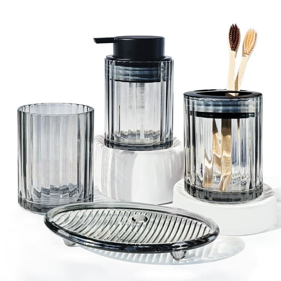 CERBIOR Bathroom Accessories Set, 4 Pcs Glass Bathroom Accessories Sets Complete w/Soap Dispenser, Soap Dish ,Toothbrush Holder,Tumbler, Bathroom Decor, Gift for Home Apartment, Black Grey