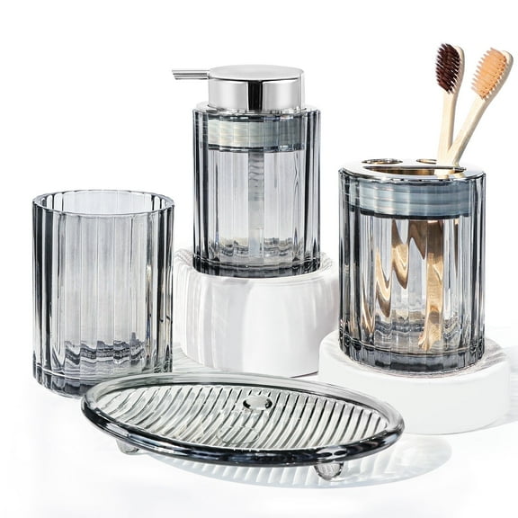 CERBIOR Bathroom Accessories Set, 4 Pcs Glass Bathroom Accessories Sets Complete w/Soap Dispenser, Soap Dish ,Toothbrush Holder,Tumbler, Bathroom Decor, Gift for Home Apartment, Silver Grey