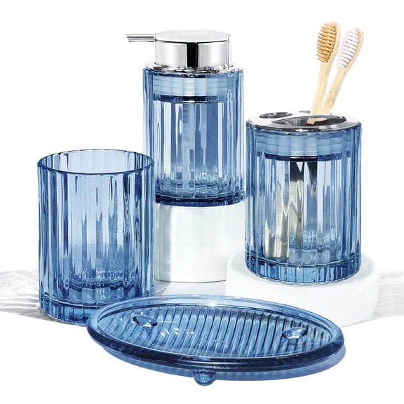 CERBIOR Bathroom Accessories Set, 4 Pcs Glass Bathroom Accessories Sets Complete w/Soap Dispenser, Soap Dish ,Toothbrush Holder,Tumbler, Gift for Girl Home Apartment, Silver Blue