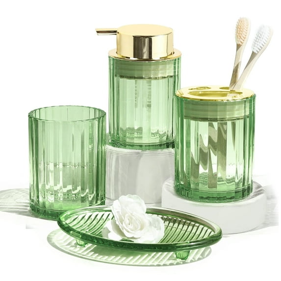 CERBIOR Bathroom Accessories Set, 4 Pcs Glass Bathroom Accessories Sets Complete w/Soap Dispenser, Soap Dish ,Toothbrush Holder,Tumbler, Gift for Girl Home Apartment, Gold Green