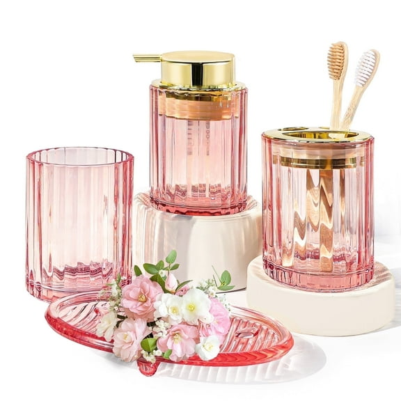 CERBIOR Bathroom Accessories Set, 4 Pcs Glass Bathroom Accessories Sets Complete w/Soap Dispenser, Soap Dish ,Toothbrush Holder,Tumbler, Gift for Girl Home Apartment, Gold Pink