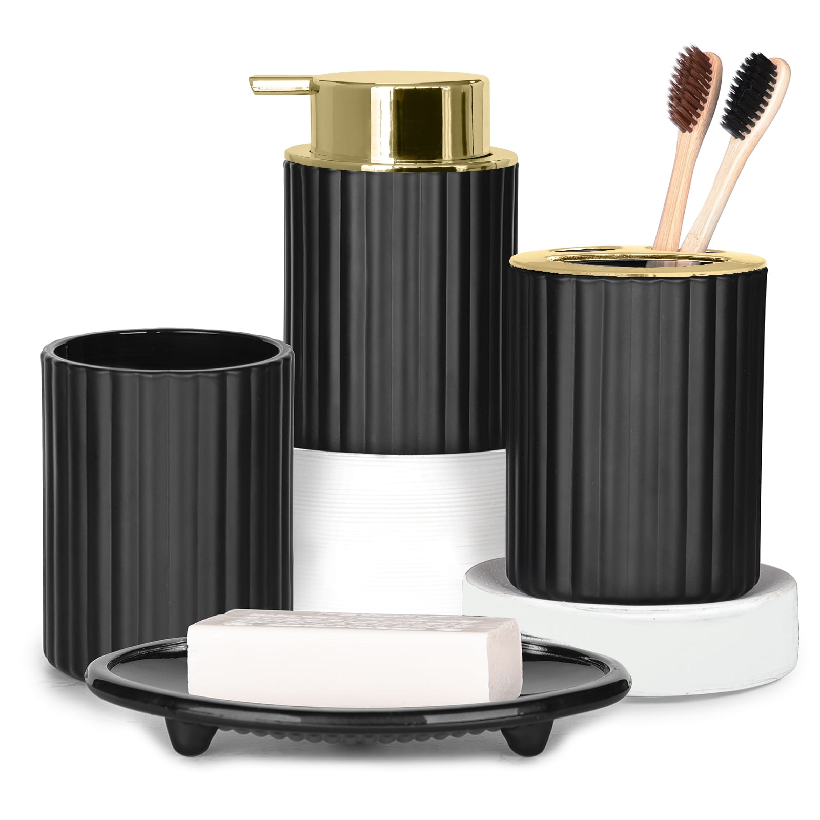 CERBIOR Bathroom Accessories Set, 4 Pcs Glass Bathroom Accessories Sets Complete w/Soap Dispenser, Soap Dish ,Toothbrush Holder,Tumbler, Gift for Girl Home Apartment, Gold Black