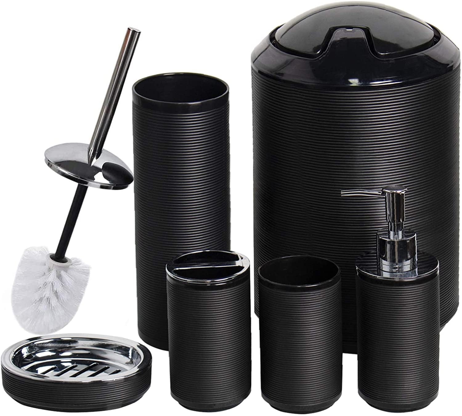 CERBIOR Bathroom Accessories Set 6 Pcs Bathroom Set Ensemble Complete Soap Dispenser Toothbrush Holder Tumbler Soap Dish Toilet Cleaning Brush Trash Can, Thread Black