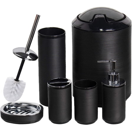 CERBIOR Bathroom Accessories Set 6 Pcs Bathroom Set Ensemble Complete Soap Dispenser Toothbrush Holder Tumbler Soap Dish Toilet Cleaning Brush Trash Can, Thread Black