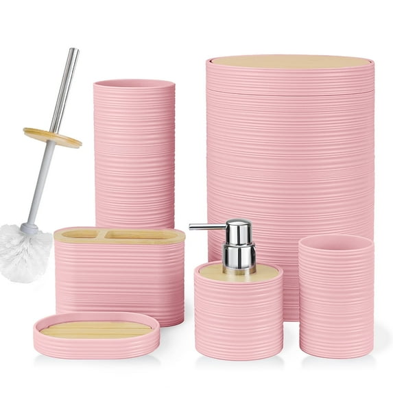 CERBIOR Bathroom Accessories Set 6 Pcs Bathroom Set Ensemble Complete Soap Dispenser Toothbrush Holder Tumbler Soap Dish Toilet Cleaning Brush Trash Can, Pink