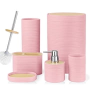 CERBIOR Bathroom Accessories Set 6 Pcs Bathroom Set Ensemble Complete Soap Dispenser Toothbrush Holder Tumbler Soap Dish Toilet Cleaning Brush Trash Can, Pink