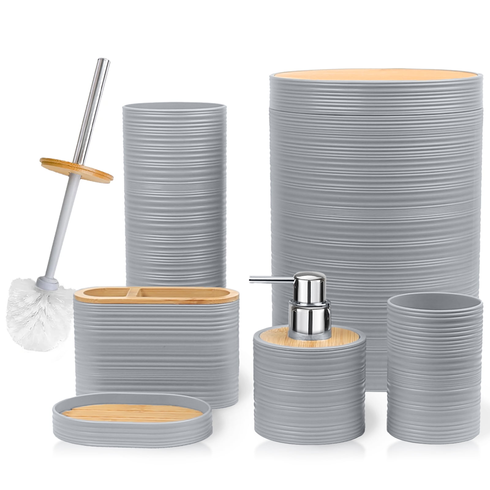 CERBIOR Bathroom Accessories Set 6 Pcs Bathroom Set Ensemble Complete Soap Dispenser Toothbrush Holder Tumbler Soap Dish Toilet Cleaning Brush Trash Can, Grey