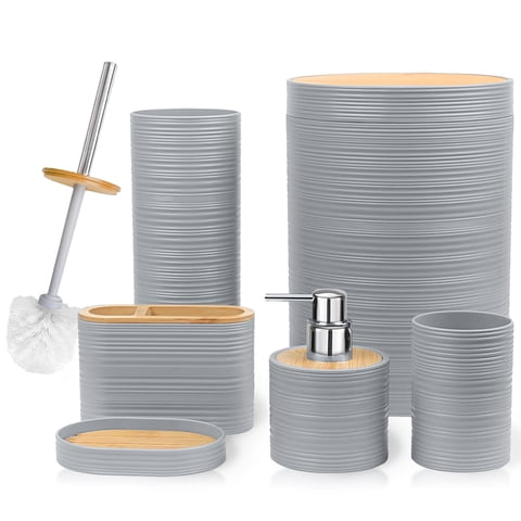 CERBIOR Bathroom Accessories Set 6 Pcs Bathroom Set Ensemble Complete Soap Dispenser Toothbrush Holder Tumbler Soap Dish Toilet Cleaning Brush Trash Can, Grey