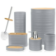CERBIOR Bathroom Accessories Set 6 Pcs Bathroom Set Ensemble Complete Soap Dispenser Toothbrush Holder Tumbler Soap Dish Toilet Cleaning Brush Trash Can, Grey