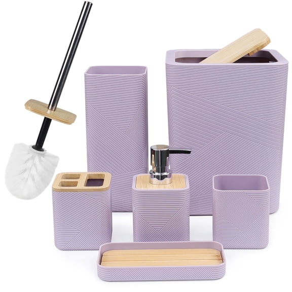 CERBIOR Bathroom Accessories Set 6 Piece Bamboo Bath Ensemble Includes Soap Dispenser, Toothbrush Holder, Toothbrush Cup, Soap Dish for Decorative Countertop and Housewarming Gift, Purple