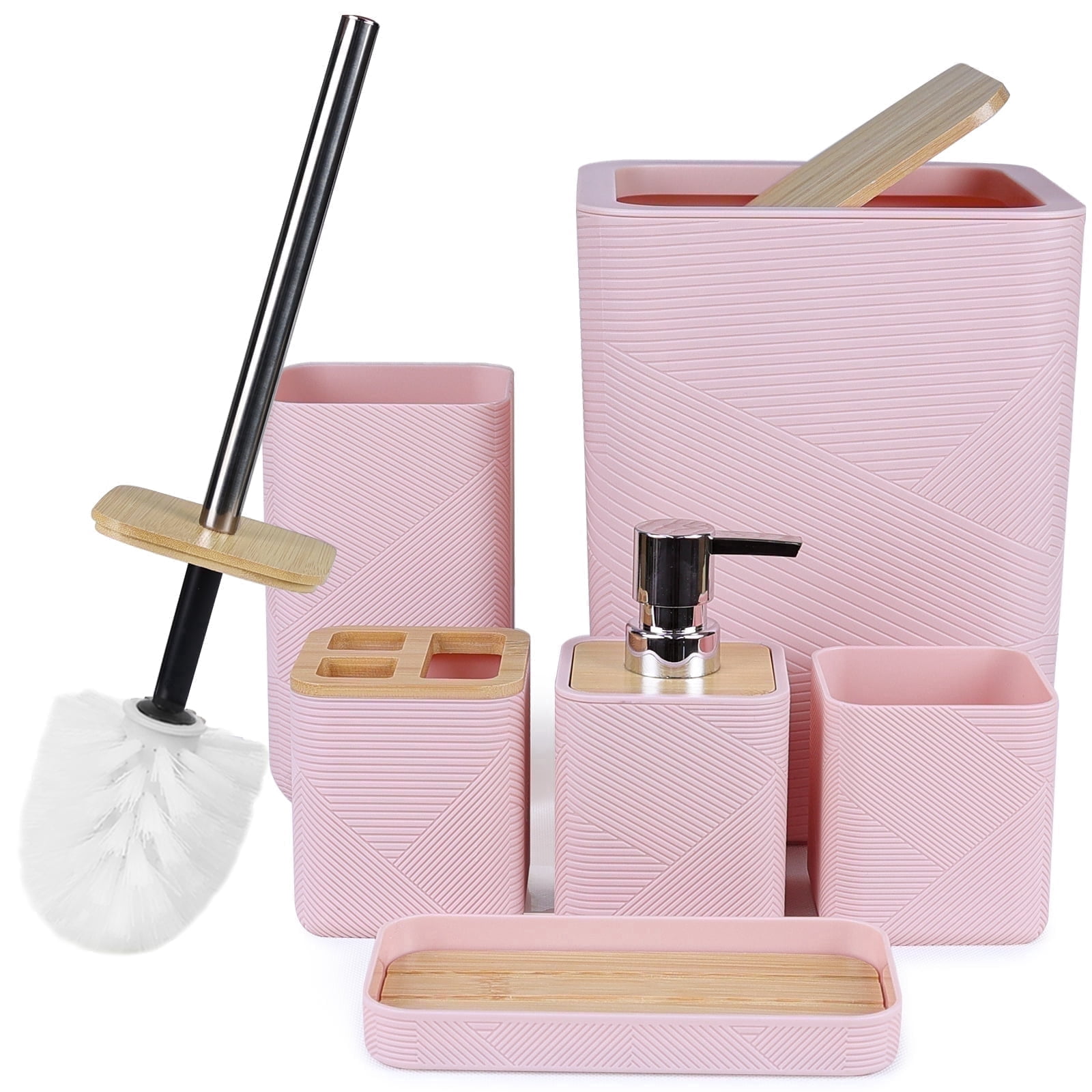 CERBIOR Bathroom Accessories Set 6 Piece Bamboo Bath Ensemble Includes Soap Dispenser, Toothbrush Holder, Toothbrush Cup, Soap Dish for Decorative Countertop and Housewarming Gift, Pink